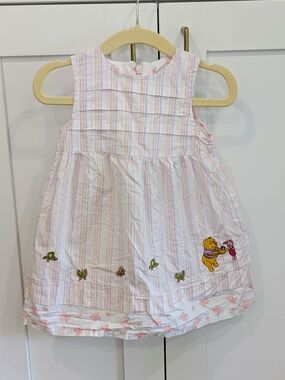 Disney Winnie The Pooh Baby Pink and White Embroidered Cotton Dress